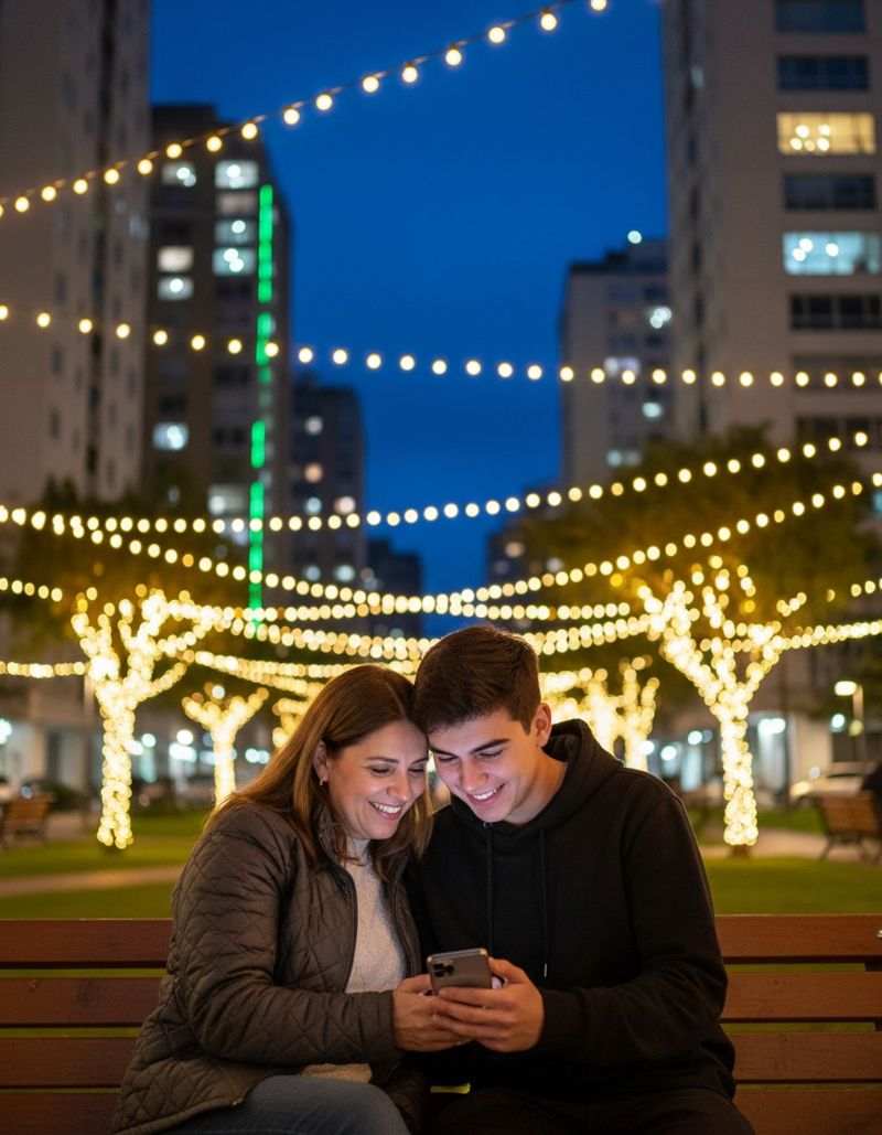 Dos personas comentando desde el celular bajo luces navideñas