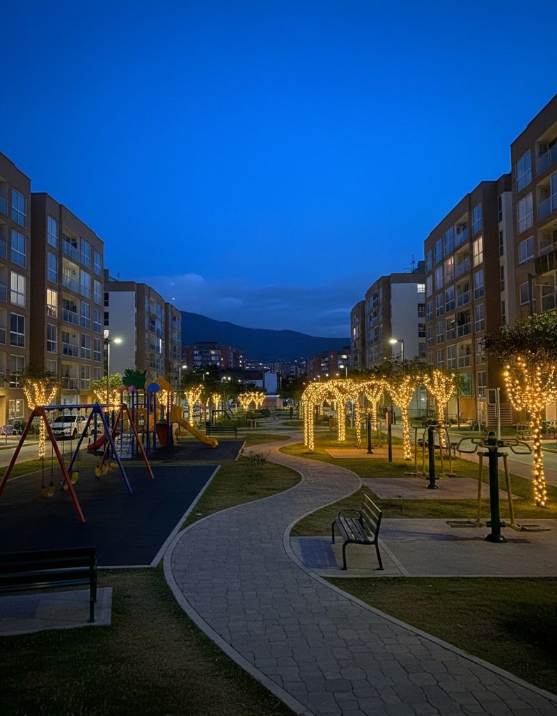 Parque de barrio con alumbrado navideño