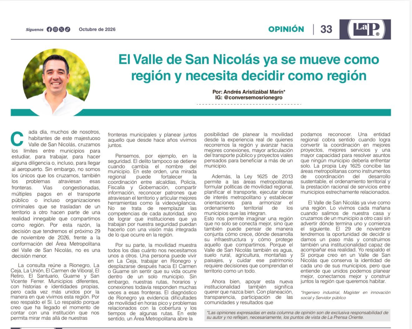 Columna de Andrés Aristizábal Marín en la página 33 de La Prensa Oriente, octubre de 2026